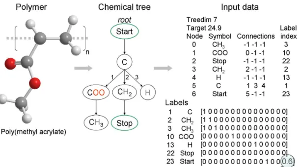 Figure 2.6. Chemical tree representation of poly(methyl acrylate) and relevant input data file with 