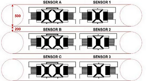 Figura 3.12: Schematizzazione della posizione relativa dei flussimetri nel chip e dei rispettivi canali.