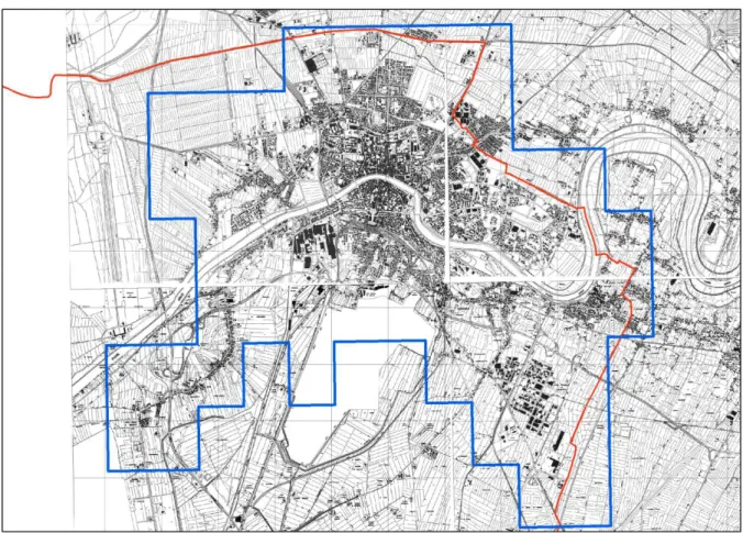 Figura 6.1 Area di studio su CTR 1:10000: in rosso il confine comunale, in blu la copertura LiDAR 