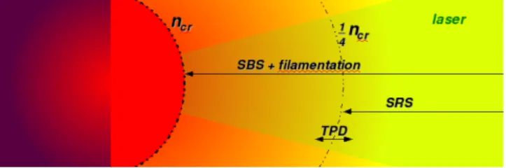 Figura 1.5: Zone di sviluppo dei principali tipi di instabilit` a parametrica in un plasma generato da laser.