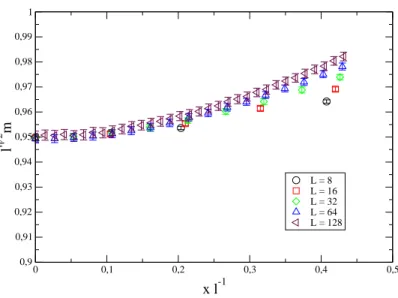 Figura 5.5: Plot di l η 2 M vs rl −1 per diverse dimensioni del reticolo