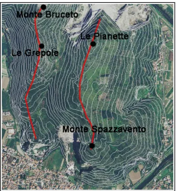 Fig.   2.8  Evidenziati  in   rosso  i  due  principali  allineamenti  N-S  che   seguono  i  crinali di  Monte Bruceto - Le Grepole e Le Pianette – Monte Spazzavento.