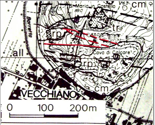 Fig. 2.3 Estratto della carta geologica della parte meridionale dei Monti d'Oltre Serchio su  base topografica 1:5000 (da Nardi, 1990).