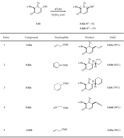 TABLE 3.3.  Reactions of 3.42a and 3.42b with allyl silanes in the presence of Lewis acid 
