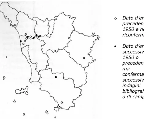 Fig. 7 – Distribuzione in Toscana di E. multicaulis (da Lastrucci e Becattini, 2007) 
