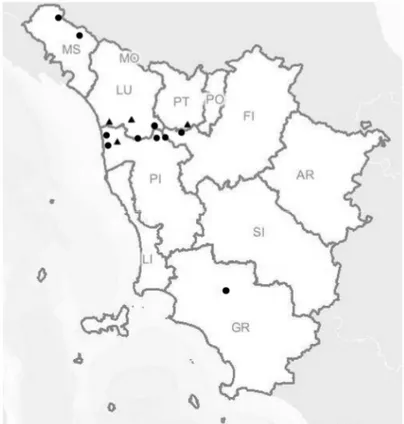 Fig. 8 - Distribuzione in  Toscana di J. bulbosus:   il triangolo indica  segnalazioni antecedenti  il XX secolo, il cerchio  segnalazioni o conferme  più recenti (base 