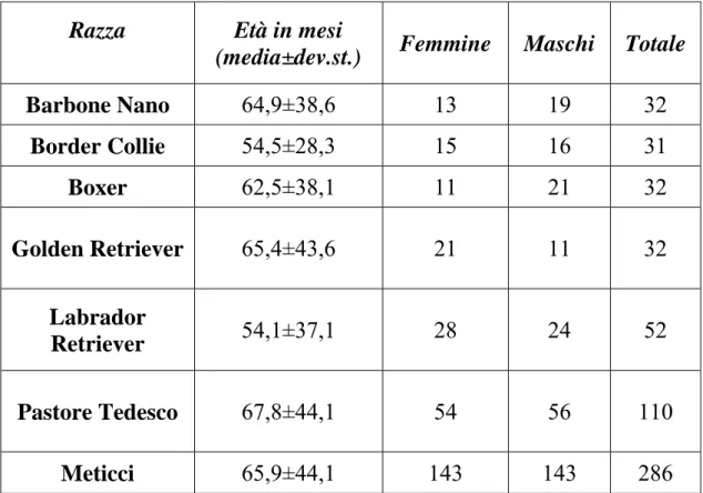 Tabella 1: razza, età, sesso e numero totale di individui appartenenti alle razze maggiormente  rappresentate nel campione.