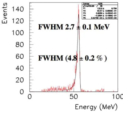 Figure 3.21: 55 MeV γ energy reconstruction using a prototype of the calorimeter called “Large Prototype”.