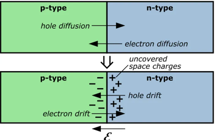 Figura 1.4: Sopra: giunzione p − n prima della diffusione; sotto: dopo il raggiungimento dell’equilibrio