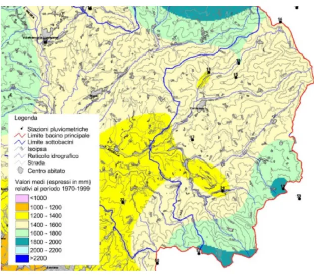 Fig. 7.5  Estratto della carta della piovosità media annua – Autorita di Bacino Interregionale  del Fiume Magra 