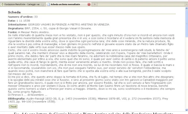 FIG. 4.6: una lettera da Giorgio Vasari a Pietro Aretino nel sito della Fondazione Memofonte