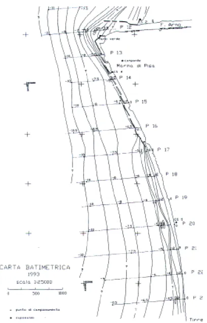 Figura Errore. el documento non esiste testo dello stile specificato..4 - Carta batimetrica dell’area antistante  Marina di Pisa,  