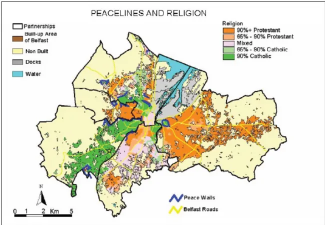 Fig. 1: La distribuzione delle peacelines per religione a Belfast (1991 Census Data)