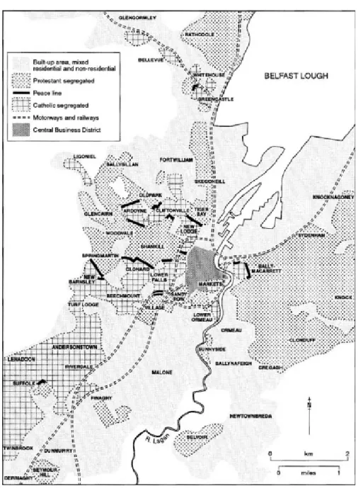 Fig. 16 Belfast 2000. Peace lines e divisione etnopolitica. Boal, “Belfast: walls within”, Political geography 