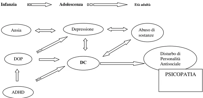 Fig 3 Sequenza ipotizzata tra i Disturbi da Comportamento Dirompente  e le condizioni di  comorbidità 