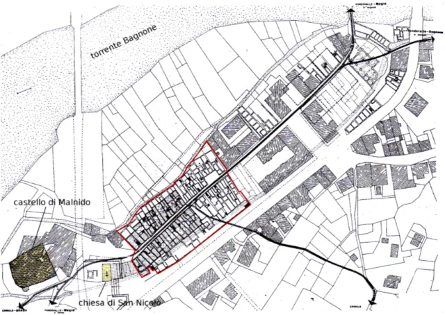 Figura 2.3: ipotesi ricostruttiva del centro storico di Villafranca in Lunigiana riferibile ai secoli IX-