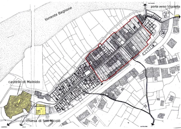 Figura 2.4:  ipotesi ricostruttiva del centro storico di Villafranca in Lunigiana riferibile ai secoli  