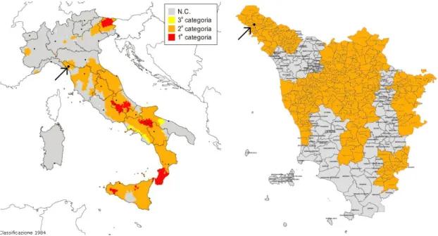 Figura 3.10: classificazione sismica dell'Italia e in particolare della Toscana nel 1982 È indicata la 