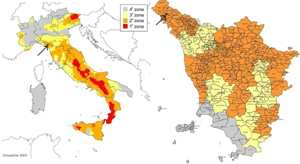 Figura 3.11: classificazione sismica dell'Italia e in particolare della Toscana al 2003