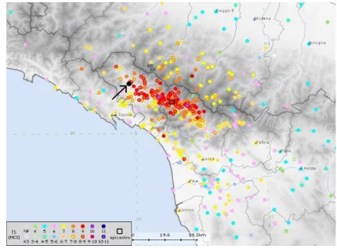 Figura  3.7:  intensità   sismica   rilevata   in   Toscana,   Liguria   e   Emilia   Romagna   in   conseguenza  