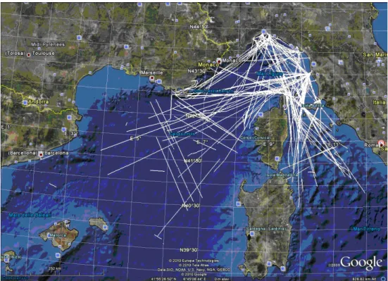 Figure 7.1: Example of AIS cooperative vessel tracks in the Tyrrhenian Sea recorded in 24 hours on May 7, 2009.
