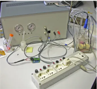 Figure 1.5: The Bioreactor control unit, the heating box and the 220V sockets unit during an experiment.