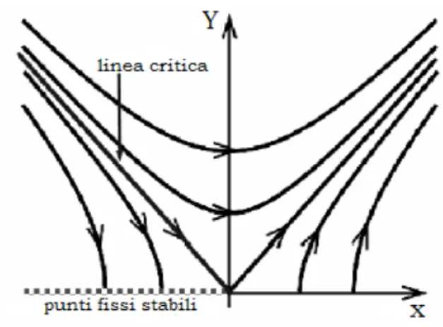 Figura 4.2: Flusso di rinor- rinor-malizzazione nel piano (x;y) ottenuto dalla (4.60) per diversi condizioni iniziali (t)