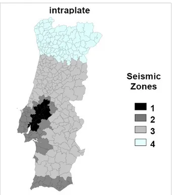 Fig. 4.2.1-1-Divisione del territorio portoghese in zone sismiche secondo lo scenario 'interplacca'.