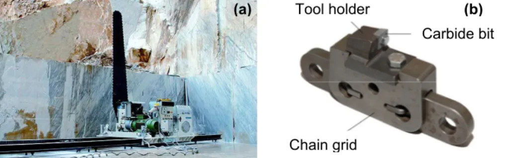 Figure 1- (a) Chain saw machine; (b) Detail of a basilar element of the chain.  On a chain saw the cutting tools are abrasive inserts held by segment carried  located along the rim of a chain sliding on an arm with variable length