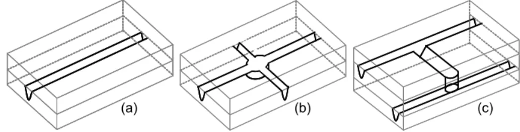 Figure 4 - (a) simple channel (b) central collector (c) channels connection between  substrates 