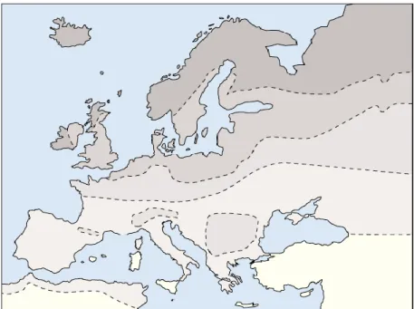 Figura 1.2: distribuzione delle torbiere in Europa: le aree più scure sono quelle ove  la presenza è maggiore (Bracco et al., 2004)