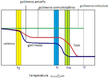 Figura 6 Andamento del modulo elastico in funzione della temperatura, per polimeri a differenti strutture