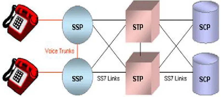 Figura 1.1: Architettura semplificata di una rete Intelligent Network SS7 rete PSTN sono stati implementati in questo modo numerosi servizi  supplemen-tari aggiuntivi rispetto alla semplice telefonata: il trasferimento di chiamata, la conversazione tra più