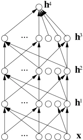 Figure 3.1: Architecture of a generic network with three hidden layers: in this example x is the input layer, h i