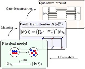 Figure 2.1: Representation of the steps of a digital quantum simulation. The model has to be encoded into the variables of the simulator, then its time evolution is decomposed into a collection of quantum gates and the outcome will be transformed back into