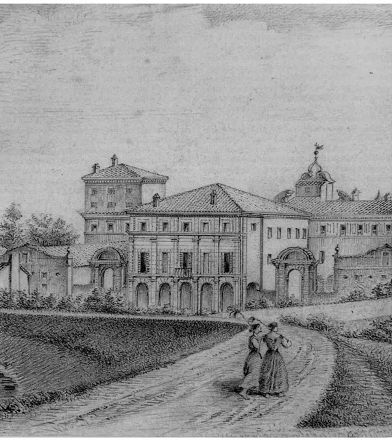 Fig. 10. Dato Marini, Veduta di palazzo Rasponi a San Giacomo (particolare), litografia