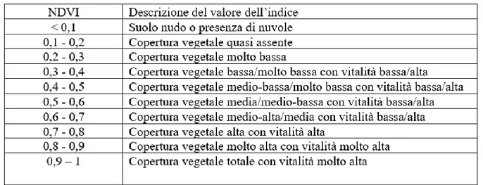 Tabella 2 Indici NDVI (https://www.agricolus.com/indici-vegetazione-ndvi-ndmi-istruzioni-luso/) 