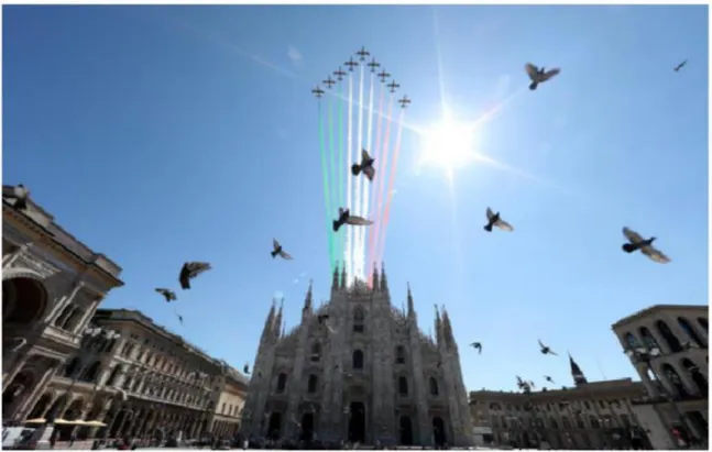 Fig -1 In  May 25 aerobatic team Frecce Tricolori (Tricolour arrows) fly over Milan Italy.