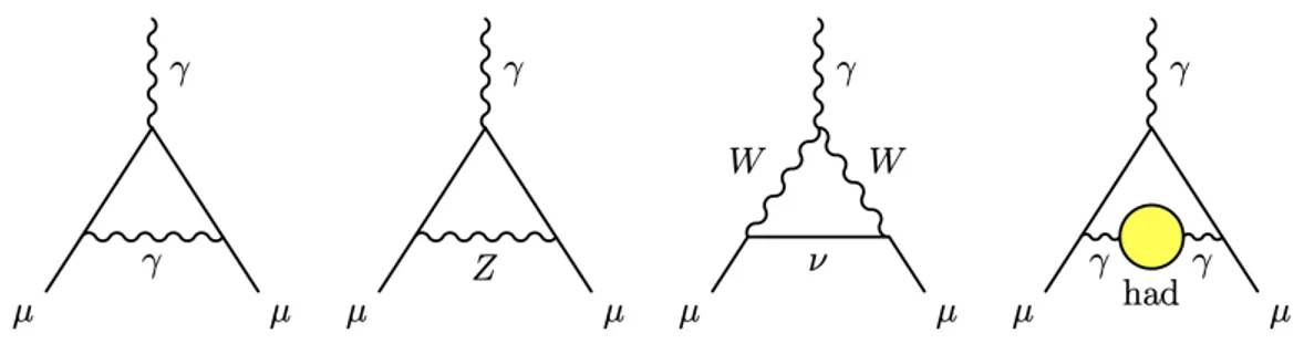 Figure 1.4: Representative diagrams contributing to a µ . From left to right: leading
