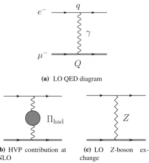Figure 2.6: LO contributions from QED, hadronic VP and Z-boson exchange [31].