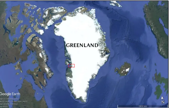 Figure 3.1: Satellitar image of Greenland. The red rectangle shows the position of Jakob- Jakob-shavn Isbræ