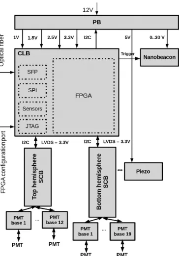 Figura 2.5: Diagramma a blocchi delle schede elettroniche del DOM, alimentato da 12 V genera tutti i voltaggi richiesti dalle altre componenti.