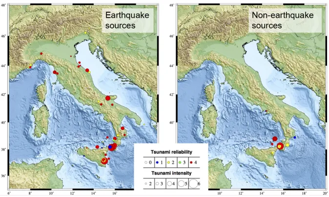Figure 1.5: Spatial distribution of historical tsunamis in Italy from the Italian Tsunami Catalogue (Tinti et