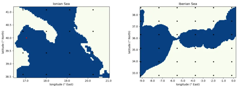 Figure 2.4: sample grids considered in Ionian and Iberian Sea regions. The red point was added to study SWH behaviour within the Gulf of Taranto