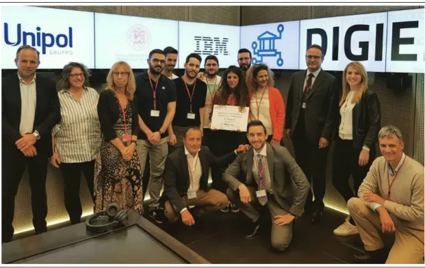 Figure 1.1: Awarding of our team - I Mancini - winner of the hackathon organized by DigiEduHack in collaboration with IBM, UniBo and Unipol