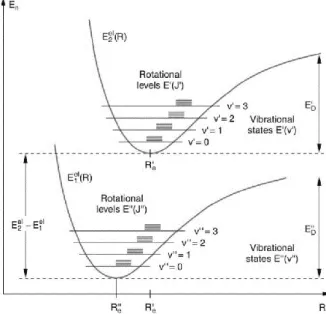Fig 1.5 Rotational and vibrational levels in two different electronic states of a diatomic molecule