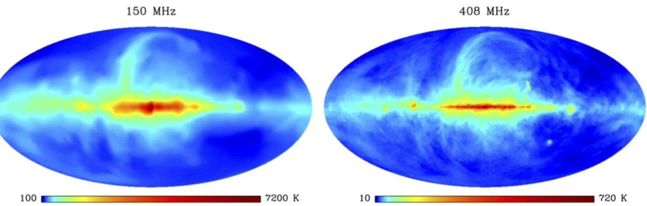 Figure 3.5 All sky maps in brightness temperature of Galactic synchrotron emission at 150 MHz (left,
