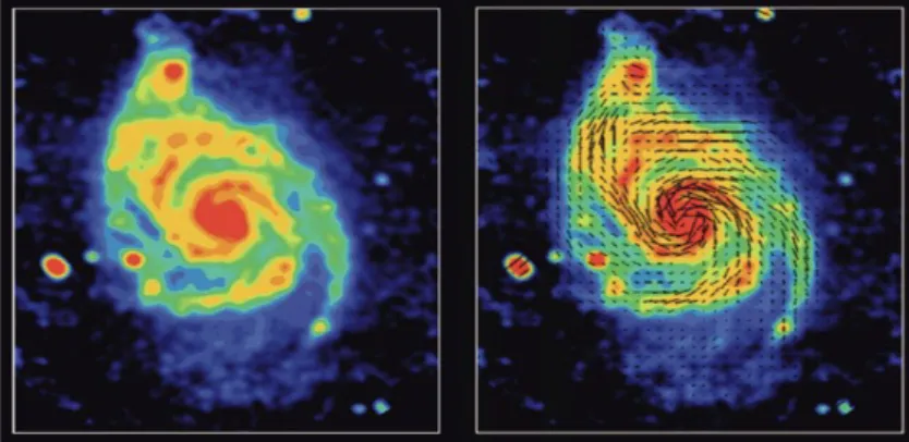 Fig. 1.7: Immagine radio della  galassia M51, i vettori descrivono  la direzione del campo magnetico  attraverso l’utilizzo della luce  polarizzata (slide corso processi di  radiazione Prof