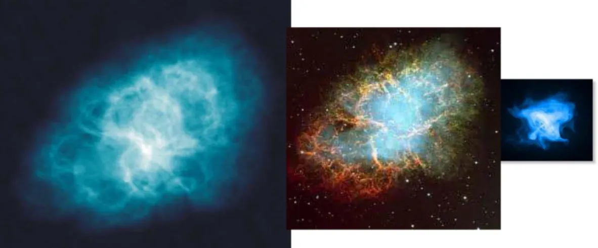 Fig. 2.4: Immagini della Crab Nebula nella banda radio (sinistra), nella banda ottica (centro) e ai  raggi X (destra)