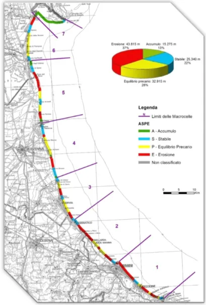 Figura  38:  suddivisione  del  litorale  emiliano-romagnolo  in  Macrocelle,  e  relativa  classificazione  ASPE   (http://ambiente.regione.emilia-romagna.it/it/suolo-bacino/argomenti/difesa-della-costa/sicell-2006-2012/stato-litorale-sicell-06-12)